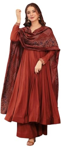 The Red Lion Enterprise Women's Long Anarkali Gown with Embroidered Dupatta Perfect for Weddings & Festive wear, Rust, 3XL