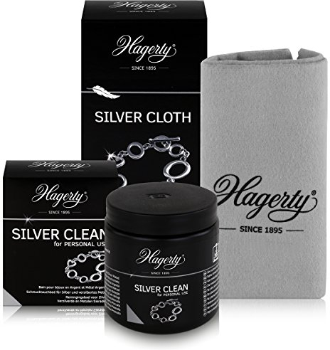Kit d’entretien pour bijoux en argent Hagerty, bain nettoyant 170 ml, chiffon de nettoyage 30 x 36 cm (imprégné)
