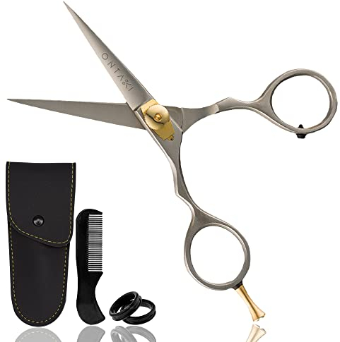 ONTAKI Premium handgeschmiedete Schnurrbartschere Friseursalon japanische Schere Stahl Bart Schnurrbart Haarschere Pony Haarschnitte Bartschere für Männer Haarschneideschere 14 cm Rest Haken Silber