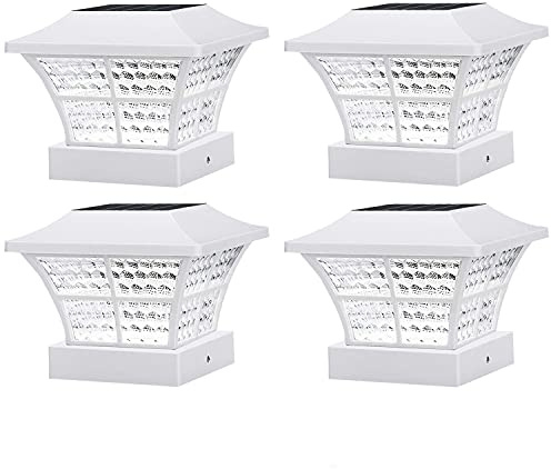 Taylor & Brown 4 x White Fence Post Solar Lights Outdoor 3.5x3.5 4x4 inch Classic Square Deck Cap LED Lamp Wooden Posts Waterproof for Landscape, Pathway, Patio, Front Door Decoration