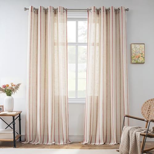 DriftAway Farmhouse Curtains for Living Room Vertical Striped Linen Curtains Semi Sheer Light Filtering Grommet Window Treatments, 84 Inches Long, 2 Panels, Pinstripe Red on Beige