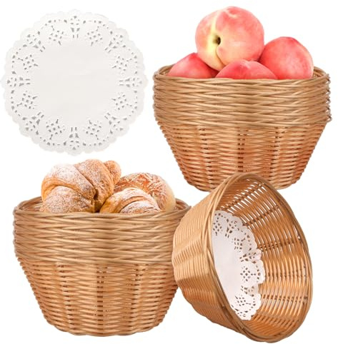 12 Pcs Round Small Plastic Bread Basket, Wicker Basket for Serving 7x7x3 Inch Woven Food Storage Basket, Fruit Basket, Gift Basket (Comes with Food Blotting Sheets) Brown