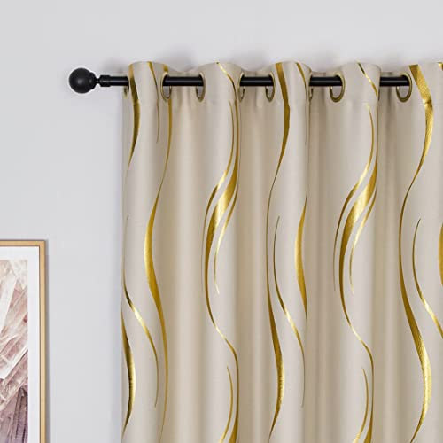 MYRU 2 Panels Set Luxury Striped Blackout Curtains for Bedroom Living Room (Beige and Gold, 2 x 66x84 Inch)