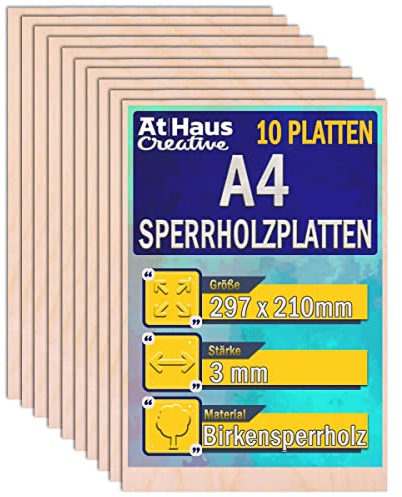 AtHaus 10 x A4 Sperrholzplatte 3mm | 297 x 210 mm | Birkensperrholz | Perfektes Blatt für Laserschnitt, CNC Router, Brandmalerei, Laubsäge, Durchbrochenes | Dünne Holz-Zuschnitt