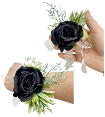 Rikyo Bracciale da polso a forma di corpetto con rosa e fiore all'occhiello da uomo, festa di ballo di fine anno, cappello a forma di petali fatti a mano per capelli corona (nero)