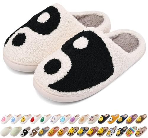 AIMINUO Women's Men's Taijitu Slippers Comfy Warm Plush Slip-On House Slipper for Winter Indoor Soft Cushion Non-slip Fluffy Slides Slippers Black Size 9.5-10.5 Women/8.5-9.5 Men