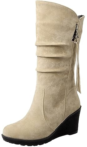rismart Stivali Western Donna Polpaccio Medio Tacco a Zeppa Foderato con pelliccia sottile Camoscio Scarpe Invernali Beige,36