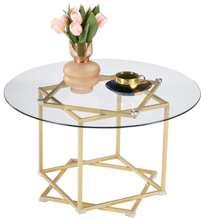 ZZINOKE Couchtisch Rund Glas,Glastisch Wohnzimmer mit Oberfläche aus Hartglas und Metallgestell,Nachttisch,Sofatisch,Einfach zu Montieren,Glas