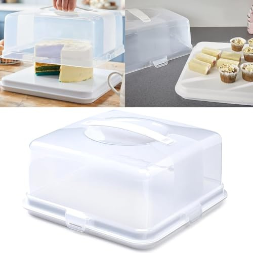 VR7 Cake Box Round/Square Large Plastic Portable Cake Carrier with Handle Cake Storage Container Tin with Lockable Lid Food Cover Box White (1, Square)