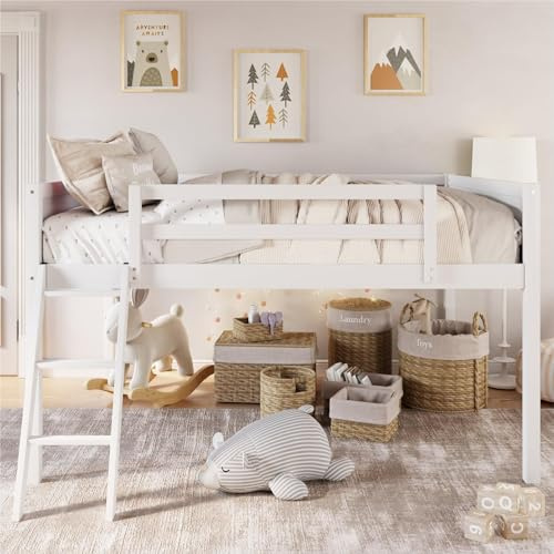 Merax Low Loft Bed: Wooden loftBed with Ladder, Low Loft with Full Guardrail,Ladder can be Placed on The Left or Right, Full Size,White