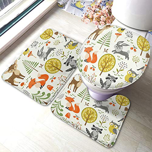 rutschfeste 3 Badteppich Set Sommer Süße Tiere, Bäume, Pilze Und Beeren Kinder Badematte 3-TLG Weiche Wasserabsorbierend Badematte Und Wc-Vorleger-Set, Für Dusche, Spa