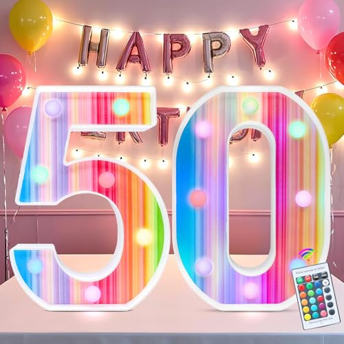 Rainbow Light Up Numbers, Colorful LED Number Lights 50 for 50th Birthday Decorations, 16 Color Changing Birthday Number Gifts for Women Party Anniversary Remote Night Light Wall Table Decor