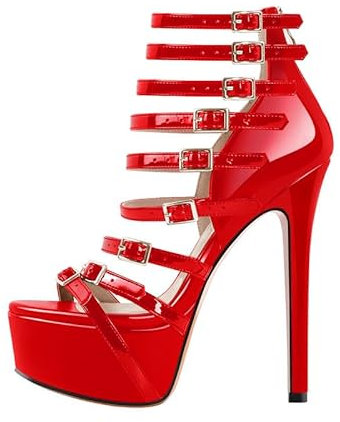 blingqueen Red Platform Sandals Women Adjustable Buckles Sky High Heels Pumps Slippers Stilettos Heels Sandals Dressy Buckle Up Ankle Wrap Gladiator Prom Wedding Shoes Size 10