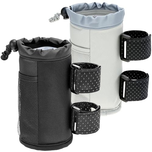 QWORK® 2er Pack Fahrrad Getränkehalter - Netztasche & Kordelverschluss - Isolierter Halter für Fahrrad, Rollstuhl, Roller & Golfwagen - Schwarz/Grau
