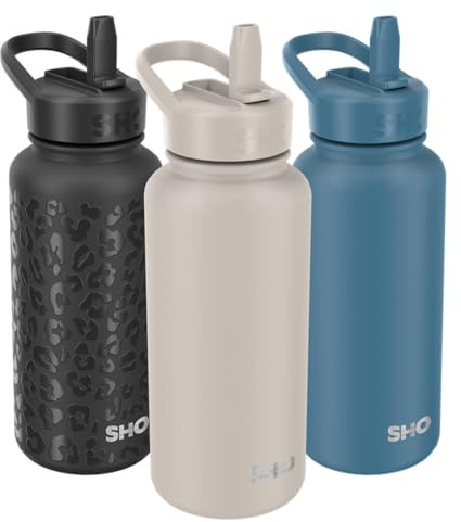 SHO Guzzler Water Bottle with Straw Lid - Leakproof, Dishwasher Safe, BPA Free, No Sweat, Vacuum Insulated Double Walled Metal Flask, 950ml & 1900ml - 24 Hours Cold (Soft Taupe, 950ml)
