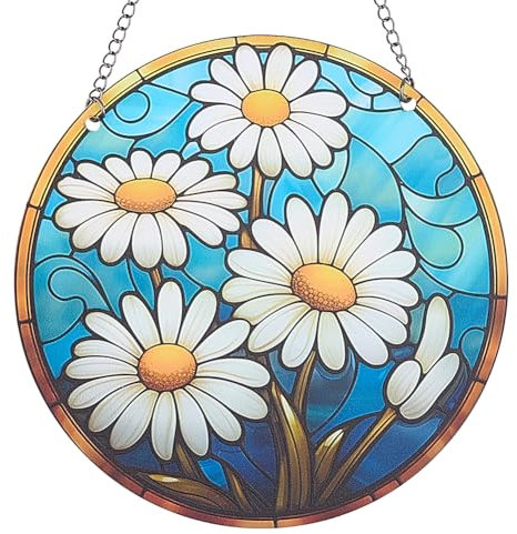 CREATCABIN Flower Suncatcher Stained Glass Window Hangings Acrylic Window Suncatcher Panel Decor White Blue Flower Wall Art Stained Glass Sun Catcher for Windows Hangings Ornament Gift 6x6Inch