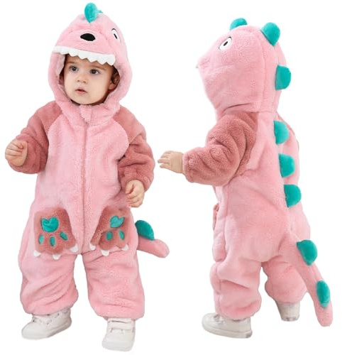 LOLANTA Unisex Baby Dinosaurie Drakkostym, Småbarn Plysch Endelad Djursparkdräkt med huva, Rosa Dinosaurie, 18-24 månader, Etikett 90