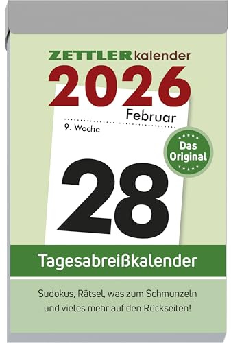 Zettler Daily Tear-off Calendar L 2026 - Tear-off Calendar 7 × 10 cm, 1 Day per Page with Sudoku, Recipes, Puzzles & Tips on the Back, FSC Certified