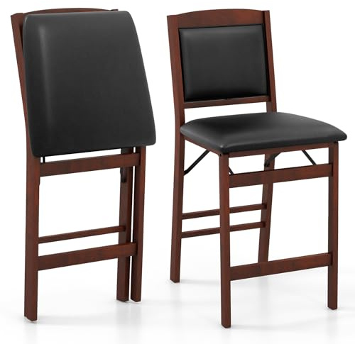 TANGZON Folding Bar Stools Set of 2, PVC Leather Upholstered Bar Chairs with Backrest, Rubber Wood Legs & Footrest, Counter Breakfast Dining Chairs for Home Kitchen Pub, No Assembly (1, Padded Back)