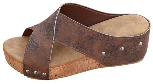 Platåsandaler damer med kilklack, pantoletter plattform träskor halkfria tofflor vintage kilsandaler öppna sommartofflor lätta damsandaler utomhus tofflor casual slides, BRUN, 41 EU