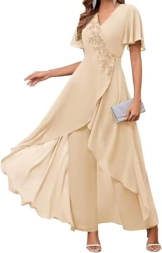Suncadmious Women's Mother of the Bride Wedding Flower Lace Chiffon Pants Set Gown Solid Color Prom Daily Wearable Pants Suit Dresses (Champagne,L)