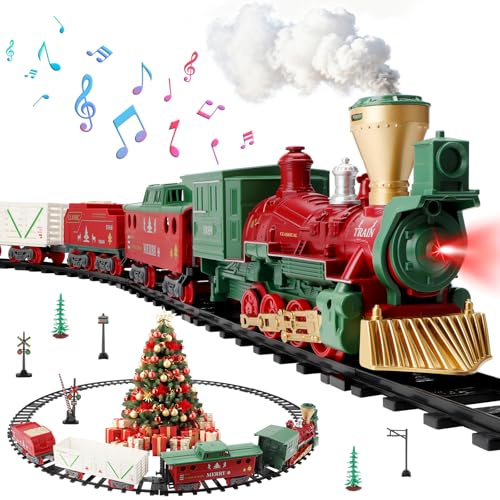deAO Christmas Train Set with Steam Smoke, Light and Sound, Electric Toy Train for Under The Tree Holiday Decorations, Railway Play Set​​, Christmas Birthday Gift Idea for Kids 3+ Year Olds