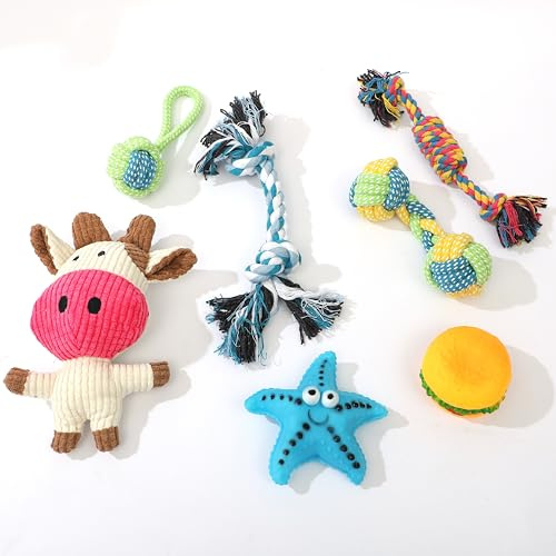 Funfy 7 pz giochi da masticare cuccioli dentizione | Giochi cane con corde, palle con corda, stella marina, burger e giochi sonori per cani piccoli e medi.