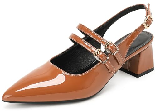 Lackläderpumps med dubbelstängning, spetskno, blockklack 5 cm, halkfri sula, i karamell, Karamell, 37 EU