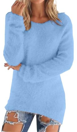 Chanpning Pull Femme Automne Hiver Col Rond DéContracté Ample Mohair Tricot Jacquard Couleur Unie Chic Elegant Sweat Femme Polaire Chaud Ample Mode Pullover Manche Longue Pulls Tops Pas Cher