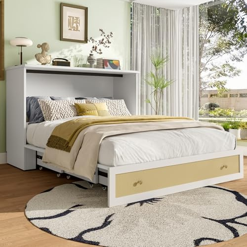 TIZZ - Cama plegable con armario, 140 x 200 cm, Cama con cajones en el pie de la cama y estante en el cabecero, con USB y enchufe, Plataforma convertible, Sin colchón, Blanco