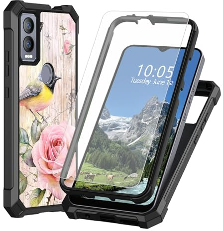 DIGTIALL Fodral för Cricket Magic 5G/ATT Propel 5G 17,2 cm med skärmskydd i härdat glas, dubbla lager kraftigt stötsäkert skyddande fodral, vacker akvarell fågel