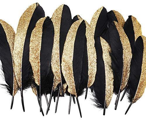 Coucoland Party Dekoration Federn 42 Stück Gold/Silber 1920s Gatsby Deko Geburtstagsparty Deko Kinder Bastelarbeit Halloween Fasching Kostüm Accessoires (Schwarz Gold)