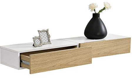 [en.casa] 2er Set Wandregal mit Schublade Weiß/Holz Hängeregal Wand Regal Schrank Tisch Nachtschrank Kommode Wandboard Wandschublade