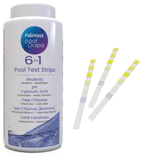 Palintest Premium 6 In 1 Pool and Spa Test Strips for Testing Hot Tub, tubs, pools and water, Chemicals Tests For Chlorine, PH, Alkalinity, Cyanuric and Hardness (6 In 1-50 Test Strips)