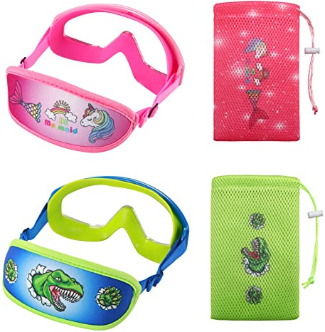 RUIGAO 2PK Swim Goggles,Kids Goggles Fabric Strap, Wide View Unicorn/Shark Swimming Mask for Kids 4-7