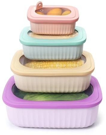 KINGBON Frischhaltedosen mit Deckel 4er Set Kunststoff Vorratsdosen Set Luftdicht Kunststoffschüssel mit Deckel Stapelbar für Spülmaschinen Mikrowellen Gefrierschrankgeeignet (Rechteckig)