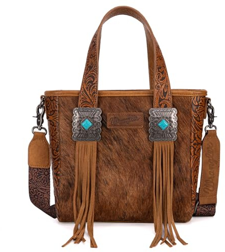 Wrangler Sac fourre-tout en cuir de vache pour femme Motif gravé Western avec franges en cuir, Marron occidental, Large