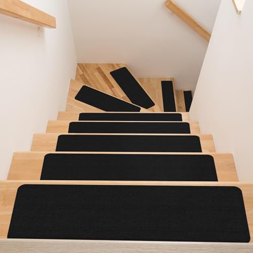 ANRO Tapis de marche d'escalier autocollant pour l'intérieur - Tapis d'escalier antidérapant - Protection des escaliers - 60 x 25 cm - Noir