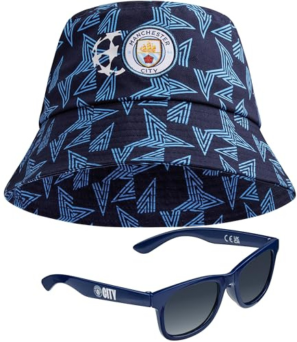 Manchester City F.C. Sonnenhut Kinder Set mit Fischerhut oder Baseball Cap und Sonnenbrille Sommer Fussball Geschenke für Jungs (Marineblau Fischerhut)