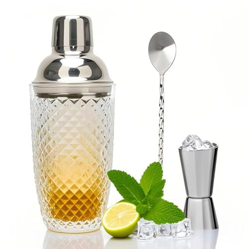 LUPATDY Kit Shaker à Cocktail en Verre - 400 ML Shaker Cocktail- avec Verre doseur en Acier Inoxydable et Pelle - pour la Maison, Le Bar, Le vin, Les jus de Fruits mélangés - Argenté