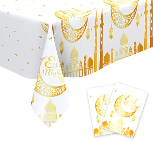 BRTNUP 2-pack Eid-bordsduk, 137 x 274 cm måne och stjärnor bordsduk, Eid-bordsduk, vattentät, plast, rektangel, bordsskydd för Eid Mubarak Ramadan bordsdekorationer (vitt guld)