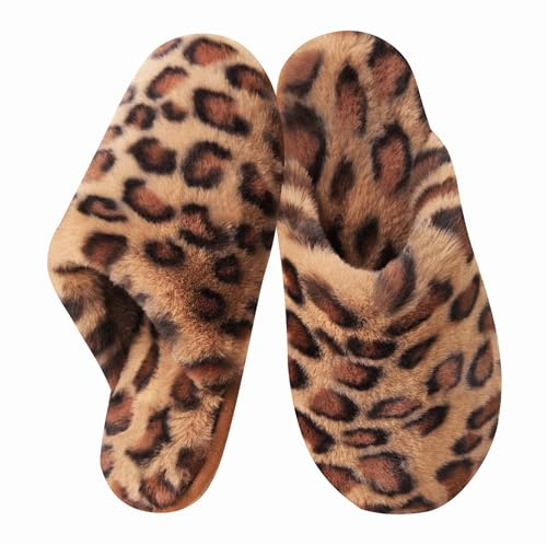 Donpapa Hausschuhe Damen Herren Flauschige Winter Warme Pantoffeln Plüsch Kunstfell und Memory Foam Bequeme Rutschfeste Slippers Leopard Medium 36.5/37-38