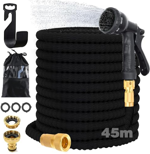 Manguera 45 M Etros,Manguera Extensible,Manguera Jardin,8 Modos para Elegir,Mangeras Jardineria Flexible Con Accesorios de latón de 3/4' y 1/2' Para Jardín, Exterior,Patio
