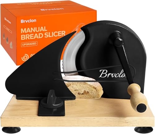 Brvclon Manual Bread Slicer Adjustable Thickness, Hand Crank Bread Slicer for Homemade Sourdough Bread with Scale Line & Suction Cup & Metal Guide,Quality Solid Wood Base & Gift-Level Packaging