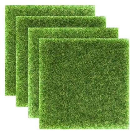 4Pcs Fake Grass Mat, Miniature Artificial Grass 15x15cm, Modelling Grass Syntheti Turf for Crafts Modelling Dollhouse Toy Farm Ornament Craft Pot Fairy Garden Decoration (Green)