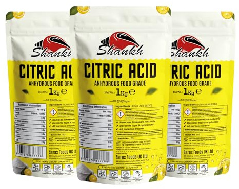 Shankh Citric Acid - 1kg (Pack of 3) | Anhydrous Food Grade for Cleaning, Food Preserving, Descaling, Making Bath Bombs, Removing Rust
