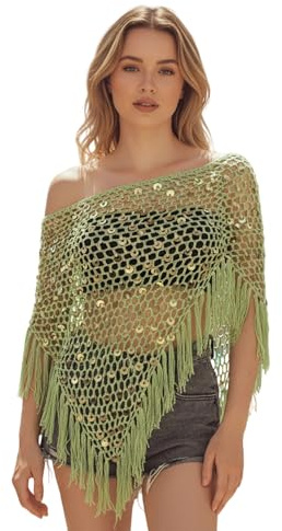 Edhomenn Womens Sheer Poncho Crochet Cover Ups Hollow Out Beach Pullovers | Lightweight Loose Vacation Clothes See Through Asymmetrical Summer Poncho