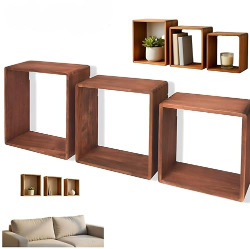 Cinco Diamantes Juego de 3 Cubos Estantes de Pared Set de 3 Cubos Flotantes de Álamo 22,5/25,5/28,5 cm Estanterías Cuadradas para Decoración Libros Plantas y Objetos Organizadores de Pared (Marron)