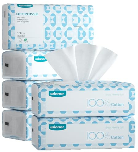 Winner Soft Face Towels, 100% USDA Biobased Facial Towels, Unscented Cotton Tissues for Sensitive Skin, OEKO-TEX Certified Face Towelettes Disposable, Makeup Remover Dry Wipes, 600 Count, Pack of 6