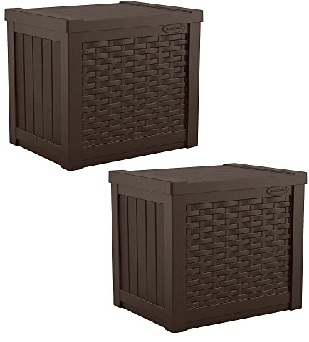 Suncast 2 Pack 22-Gallon Small Deck Box - Lightweight Resin Storage Container and Seat for Patio Cushions and Gardening Tools - Store Items on Patio, Garage, 22.5L x 17W x 22.5H, Yard - Java Brown